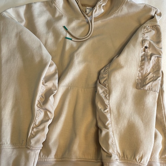 Young LA Beige Hoodie Size L Poly/Cotton/Spandex Zip Arm Pocket Green Graphics - Picture 6 of 11